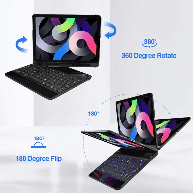 ProCase 360Â° Swivel Keyboard Case for iPad Air 11" (M3/M2) 2025/2024/Air 5th/4th 10.9" 2022 2020/ iPad Pro 11" 2022 2021 2020 2018, Wireless Keyboard with 7 Colors Backlit, Auto Sleep/Wake -Black - Image 3