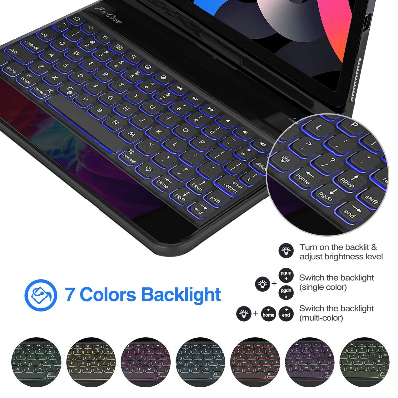 ProCase 360Â° Swivel Keyboard Case for iPad Air 11" (M3/M2) 2025/2024/Air 5th/4th 10.9" 2022 2020/ iPad Pro 11" 2022 2021 2020 2018, Wireless Keyboard with 7 Colors Backlit, Auto Sleep/Wake -Black - Image 4