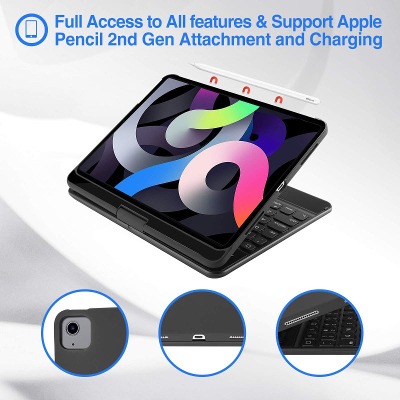 ProCase 360Â° Swivel Keyboard Case for iPad Air 11" (M3/M2) 2025/2024/Air 5th/4th 10.9" 2022 2020/ iPad Pro 11" 2022 2021 2020 2018, Wireless Keyboard with 7 Colors Backlit, Auto Sleep/Wake -Black - Image 5