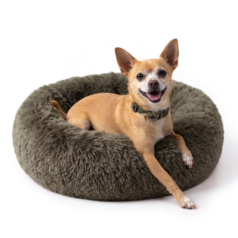 nononfish Calming Donut Dogs Beds for Small Dogs Washable,19inch Fluffy Round Puppy Bed for Puppies,Cats & Toy Breeds with Raised Rim,Fits up to 15 lbs Pets,Army Green - Image 1