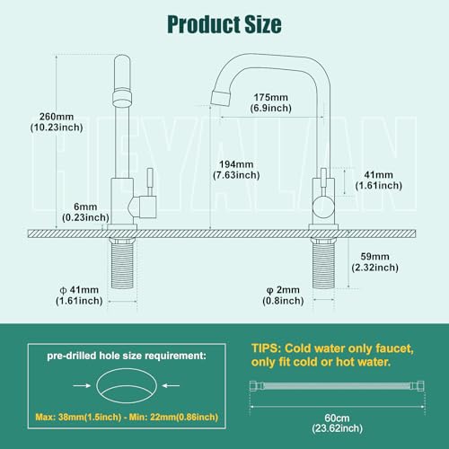 Heyalan Matte Black Faucet Cold Water Only Single Lever Handle SUS304 Sink Bar Tap 360 Degree Swivel Spout Decked Mounted Longer Thread Pipe - Image 2