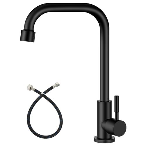 Heyalan Matte Black Faucet Cold Water Only Single Lever Handle SUS304 Sink Bar Tap 360 Degree Swivel Spout Decked Mounted Longer Thread Pipe - Image 1