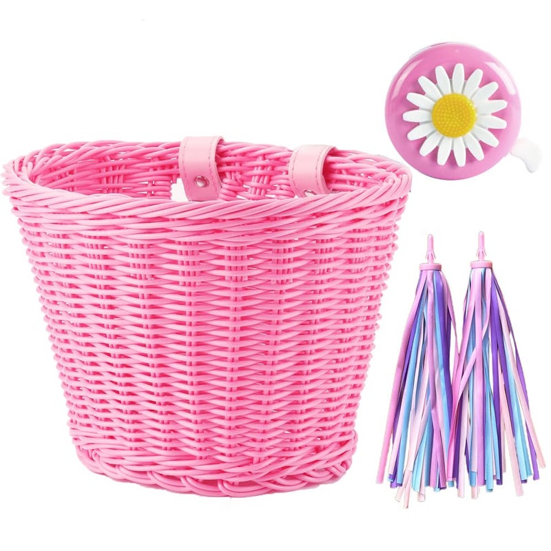 Srutirbo Bike Basket Kid Bicycle Basket Bike Accessories, 1pc Bicycle Bell with Stickers, 1pc Kid Bicycle Front Basket and 1pairs Colorful Ribbons Tassels Decoration for Girl Boy (Pink) - Image 1