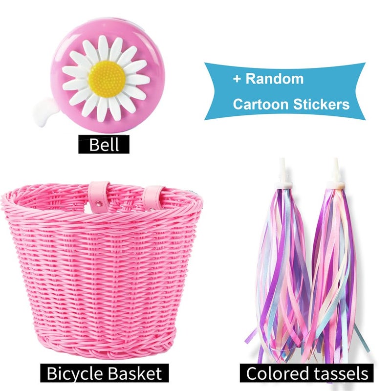 Srutirbo Bike Basket Kid Bicycle Basket Bike Accessories, 1pc Bicycle Bell with Stickers, 1pc Kid Bicycle Front Basket and 1pairs Colorful Ribbons Tassels Decoration for Girl Boy (Pink) - Image 2