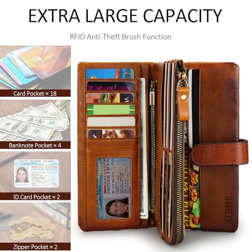 LETEULO Women's RFID Blocking Genuine Leather Wallet Vintage Hand Rubbing Wallets Organizer (US Brown) - Image 2