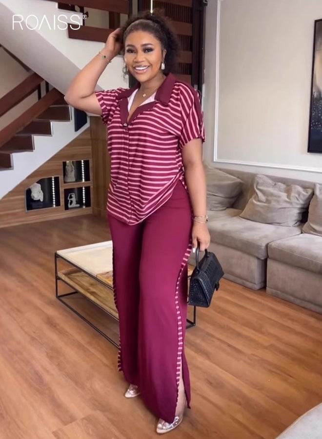 رويس طقم صيفي نسائي مكون من قطعتين، بلوزة مخططة بأكمام قصيرة وبنطلون كاجوال للرياضة والترفيه، قماش خفيف الوزن وجيد التهوية للطقس الحار، طقم مريح وأنيق - Image 3