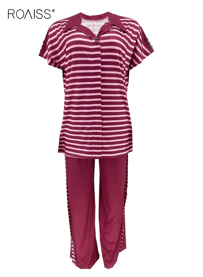 رويس طقم صيفي نسائي مكون من قطعتين، بلوزة مخططة بأكمام قصيرة وبنطلون كاجوال للرياضة والترفيه، قماش خفيف الوزن وجيد التهوية للطقس الحار، طقم مريح وأنيق - Image 5