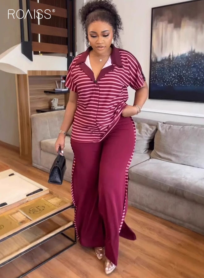 رويس طقم صيفي نسائي مكون من قطعتين، بلوزة مخططة بأكمام قصيرة وبنطلون كاجوال للرياضة والترفيه، قماش خفيف الوزن وجيد التهوية للطقس الحار، طقم مريح وأنيق - Image 1