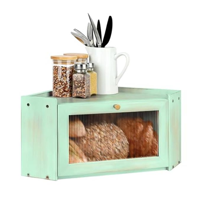 Ollieroo Vintage Coner Bread Box for Kitchen Countertop, Bamboo Bread Storage Container, Breadbox for Homemade Bread, Large Capacity Bread Bin(Green)