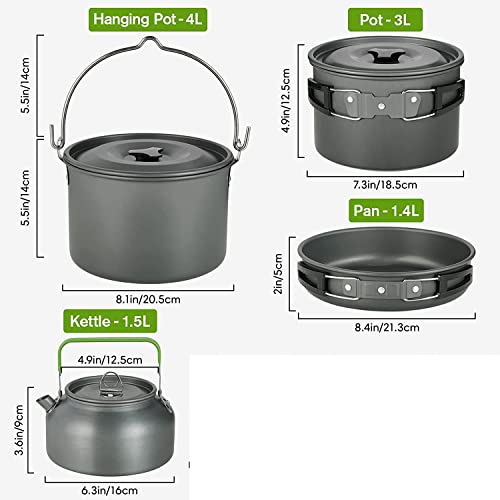 Linist Camping Cookware Mess Kit, Large Size Hanging Pot Pan Kettle with Camping Cooking Set for 6 Person for Outdoor Camping Hiking Picnic - Image 2