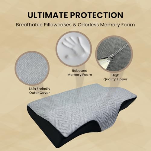 Sleepsia Memory Foam Pillow | 1 Year Warranty | Cervical Pillow for Neck Pain, Orthopedic Pillow for Neck Pain with Extra Curve Neck Support for Sleeping Side & Back Sleepers (Grey/Black) - Image 4