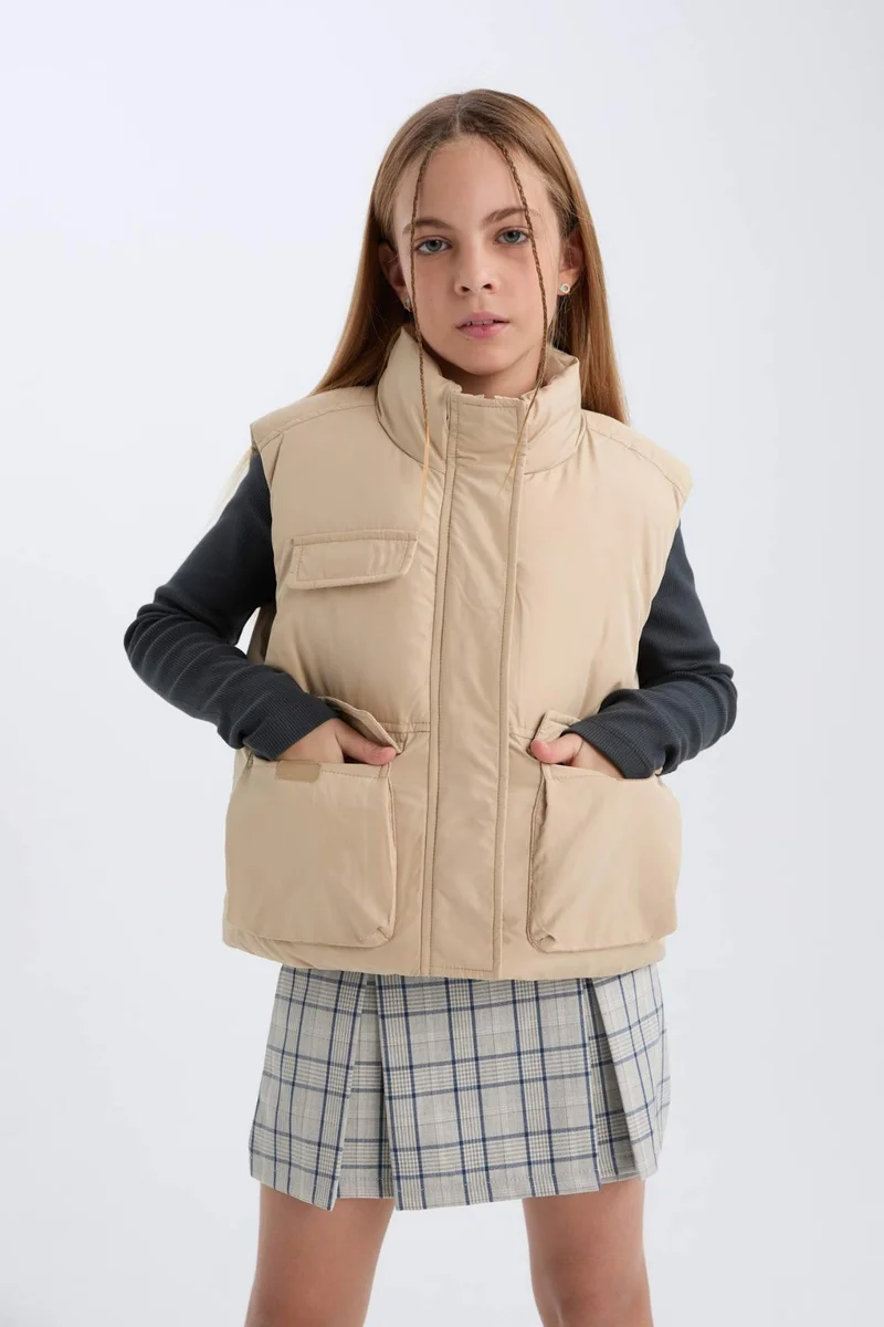 ديفاكتو Girl Stand Collar Zippered Waterproof Puffer Vest