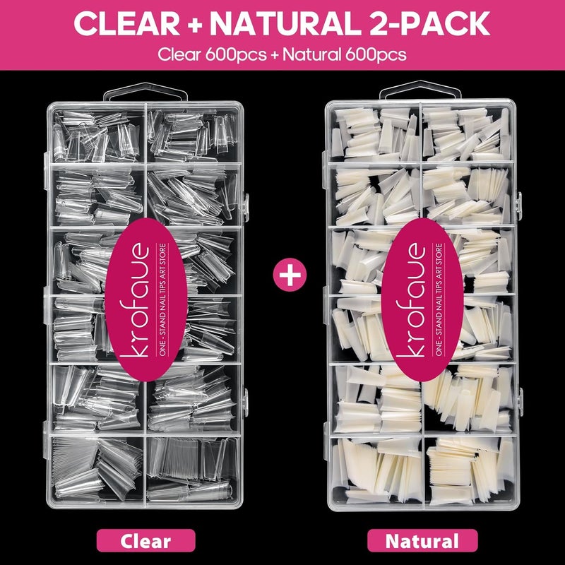 krofaue 1200PCS Coffin Nail Tips - Half Cover Nail Tips 12 Size False Nail Tips for Acrylic Nails Professional Manicure with Box for Artificial Fake Nail Tip Art Salon Home (Clear & Natural) - Image 2