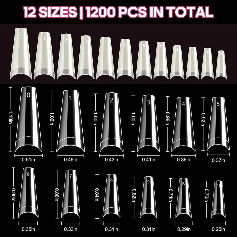 krofaue 1200PCS Coffin Nail Tips - Half Cover Nail Tips 12 Size False Nail Tips for Acrylic Nails Professional Manicure with Box for Artificial Fake Nail Tip Art Salon Home (Clear & Natural) - Image 3