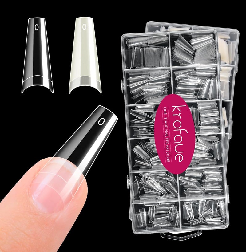 krofaue 1200PCS Coffin Nail Tips - Half Cover Nail Tips 12 Size False Nail Tips for Acrylic Nails Professional Manicure with Box for Artificial Fake Nail Tip Art Salon Home (Clear & Natural) - Image 1