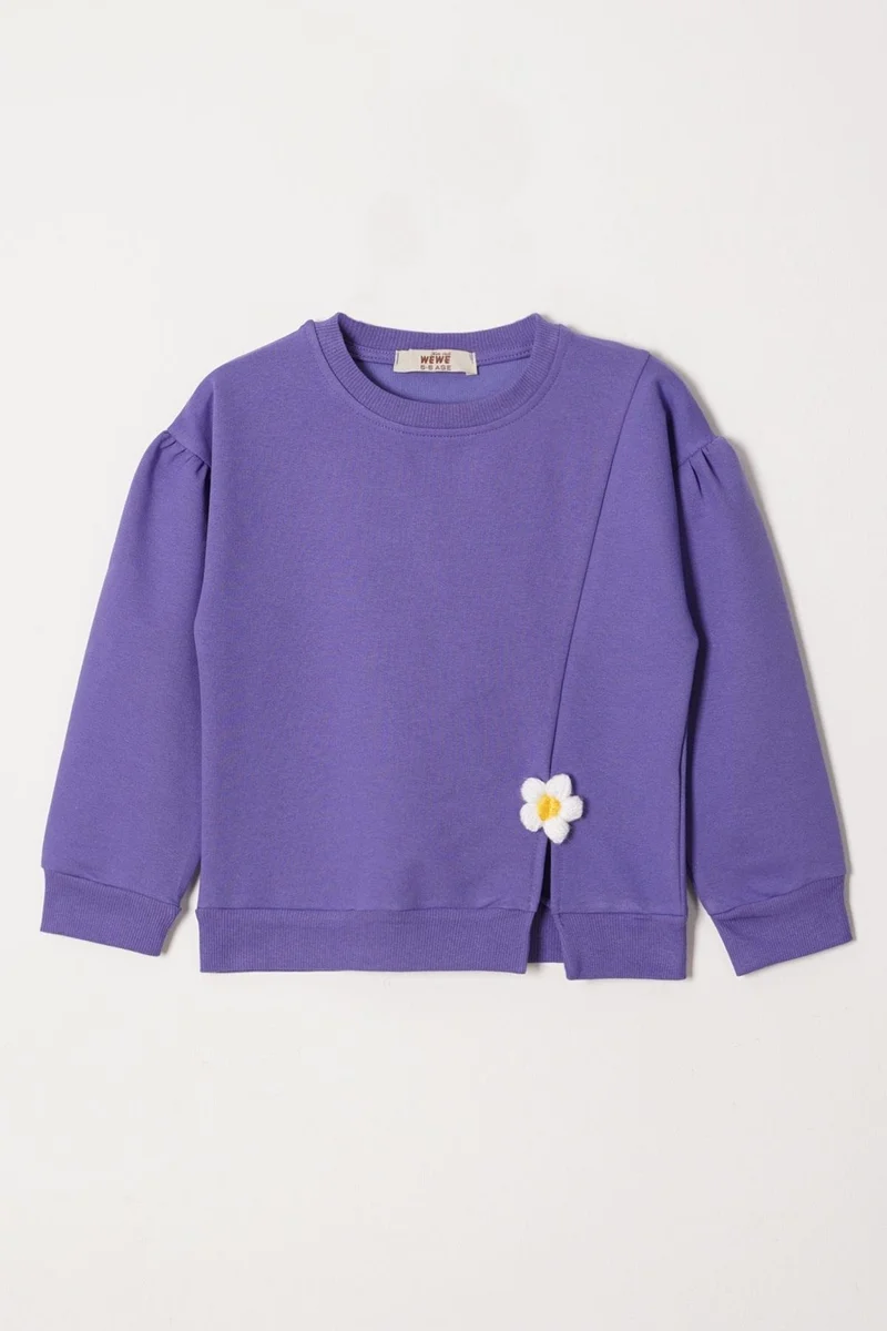 زيبكيدز Crew Neck Long Sleeve Daisy Detailed Long Sleeve Purple Color Girls Tracksuit Set