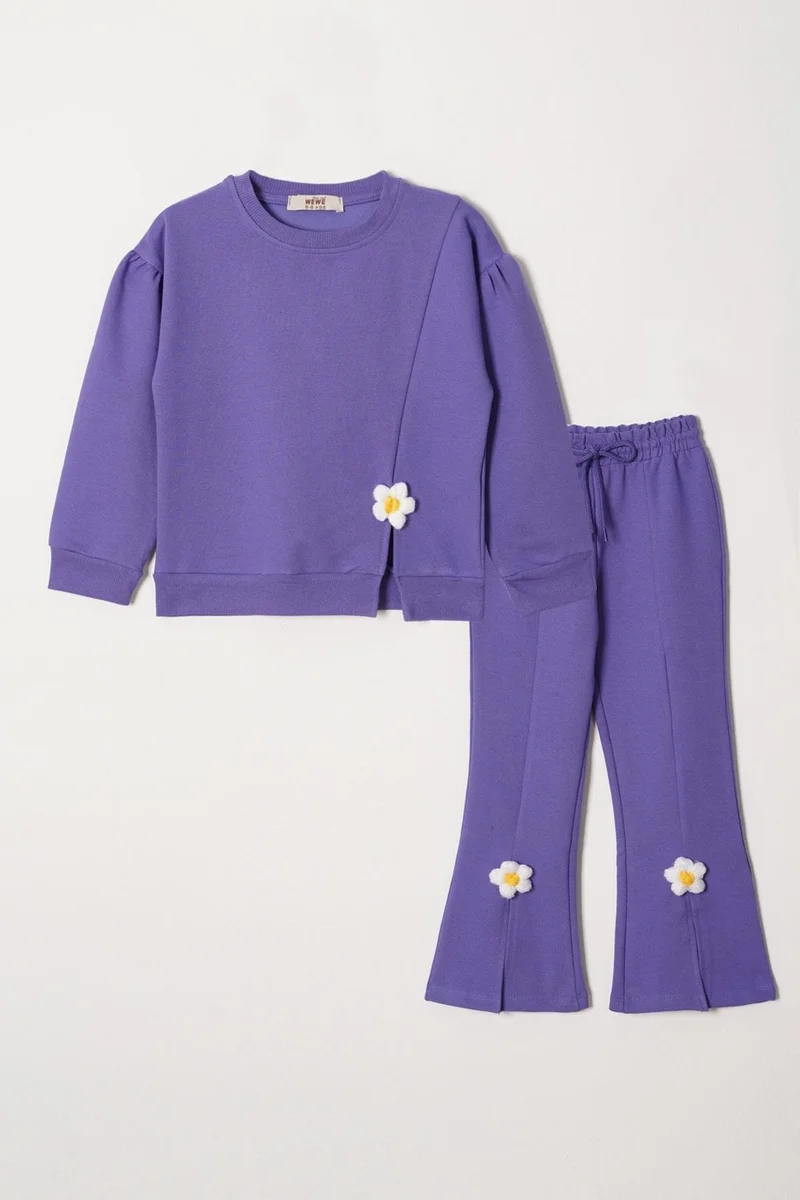 زيبكيدز Crew Neck Long Sleeve Daisy Detailed Long Sleeve Purple Color Girls Tracksuit Set