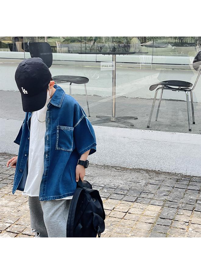 Bodo Children's Wear Boys Summer Denim Short-sleeved Shirt Children's Korean Solid Color Shirt Jacket Summer New