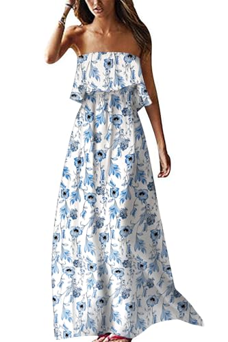 ZMPSIISA Women's Summer Off The Shoulder Maxi Dress Ruffle Strapless Blue White Porcelain Boho Casual Loose Long Dresses(A-Light Blue Flower,Small) - Image 1