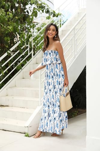 ZMPSIISA Women's Summer Off The Shoulder Maxi Dress Ruffle Strapless Blue White Porcelain Boho Casual Loose Long Dresses(A-Light Blue Flower,Small) - Image 3