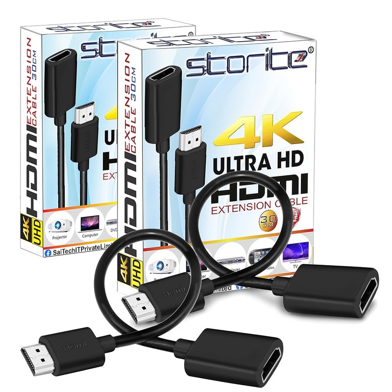 Storite 2 Pack 30cm Short Length Gold Plated HDMI Male to Female Extension Cable for fire tv stick, Laptop/PC,Xbox, PS3/PS4 - (Specially Designed for Wall mountable tv) Black - Image 1