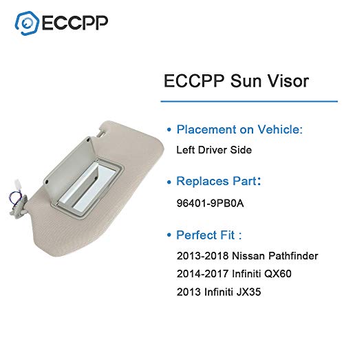 ECCPP 96401-9PB0A Left Driver Side Sun Visor with Mirror Fit for Nissan for Pathfinder 2013-2018, Car Sun Visor Fit for INFINITI for QX60 2014-2017, for INFINITI for JX35 2013 with Sunroof (Gray) - Image 5