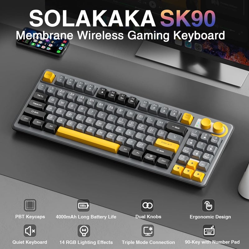 CORBOBO لوحة مفاتيح ألعاب لاسلكية SOLAKAKA SK90 75% - 4000 مللي أمبير ثلاثية الوضع (BT5.0/2.4G/USB-C) لوحة مفاتيح ألعاب كريمية لطيفة مع لوحة أرقام، مقبض وسائط، إضاءة خلفية RGB، مفاتيح هادئة لوحات مفاتيح مكتبية صامتة لأجهزة الكمبيوتر الشخصية وماك - Image 2