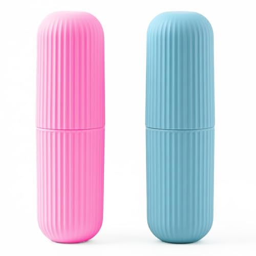 KBS Toothbrush Case Cover (Pack of -2) Capsule Shape Travel Holder Storage Box Container Cosmetics Makeup Brush Pencil Office Product Organizer Bathroom Organizer Accessories (Pink-Blue) - Image 1