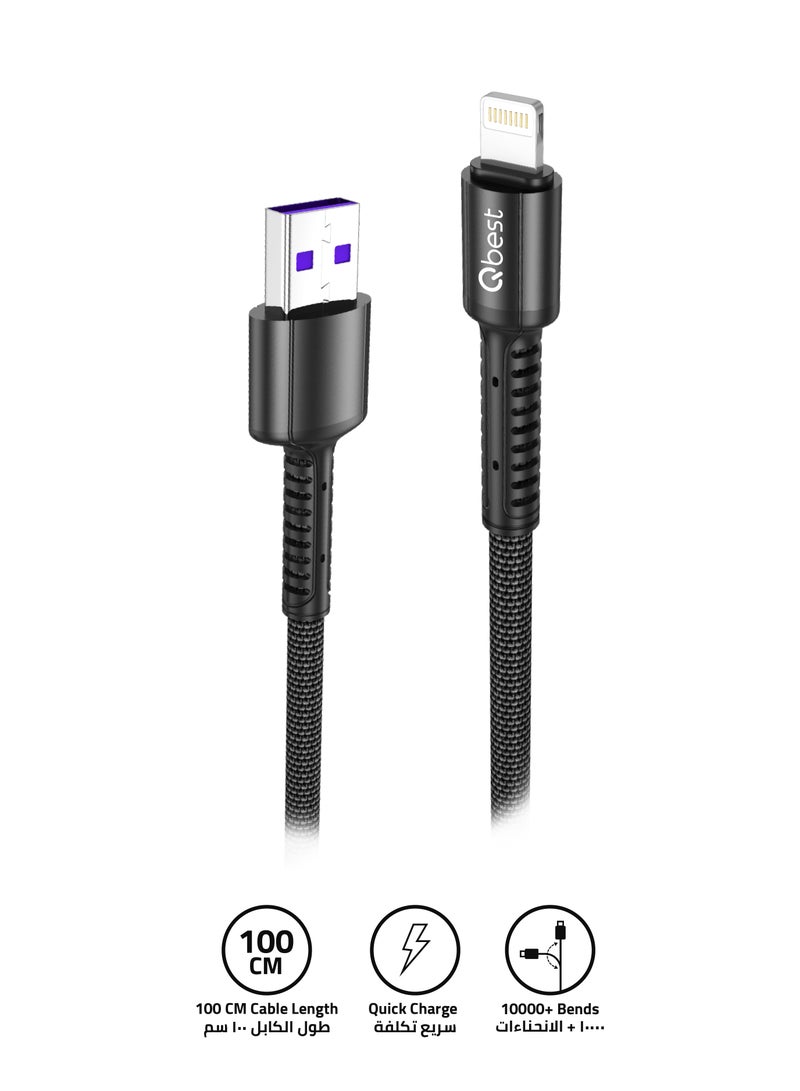 Qbest 3A Nylon USB to Lightning Data Cable 1M – High-Speed Data Transfer, Quick Charge, Durable - Black - Image 1