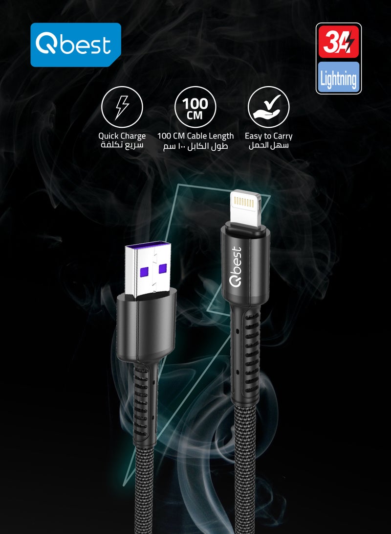 Qbest 3A Nylon USB to Lightning Data Cable 1M – High-Speed Data Transfer, Quick Charge, Durable - Black - Image 5