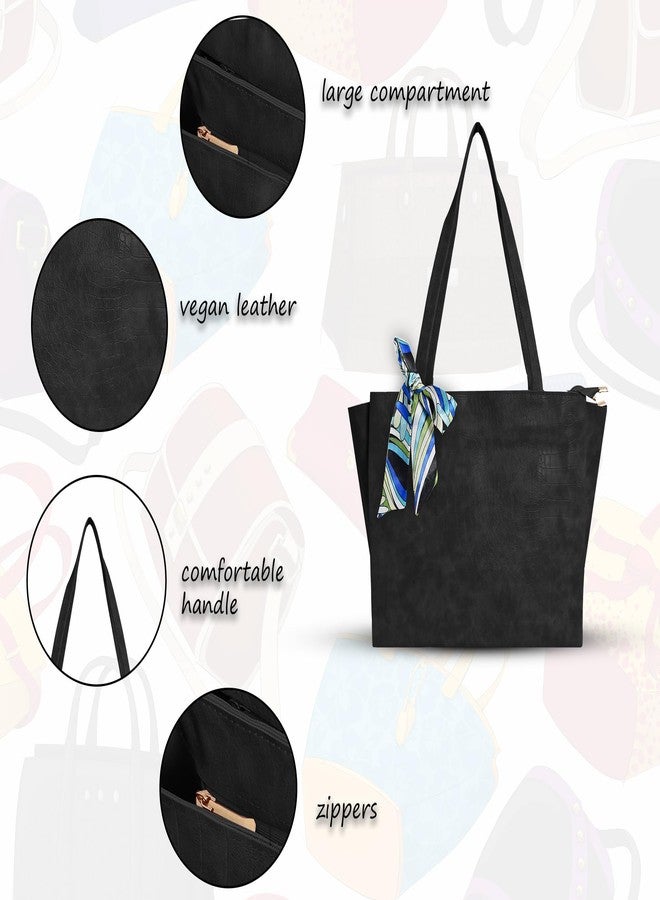 Nyfee Women's Vegan Leather Tote Bag Handbags with 4 Large Compartment & Zip for Office,College & Party (Black) - Image 5