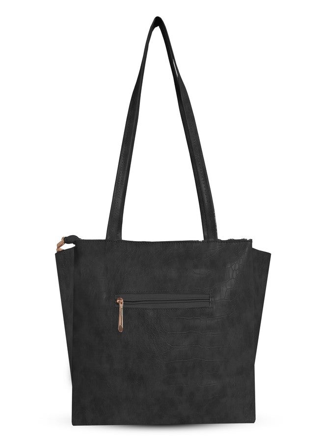 Nyfee Women's Vegan Leather Tote Bag Handbags with 4 Large Compartment & Zip for Office,College & Party (Black) - Image 3