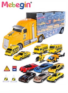 MEBEGIN Vehicles Toy Set for Boys 17 Pcs Engineering Die-cast Construction Car with Music and Light Friction Powered Cars with Double Side Storage Carrier Truck Birthday Gift for Kids Age 3+  - Image 1