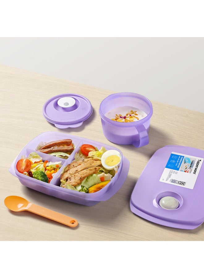 Tupperware Si Li Kang Lunch Box Set Of 3 Pieces, Portable Compartmented Microwave-safe 1l + Soup Bowl For Students And Office Workers, Ice Cream Purple - Image 1