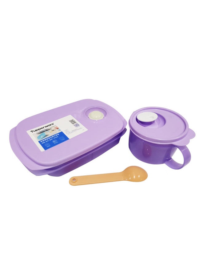 Tupperware Si Li Kang Lunch Box Set Of 3 Pieces, Portable Compartmented Microwave-safe 1l + Soup Bowl For Students And Office Workers, Ice Cream Purple - Image 3