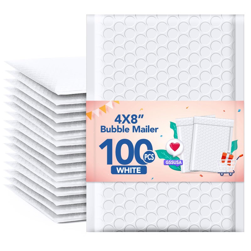 GSSUSA GSSSUSA Bubble Mailers 4x8 Inch 100 Pack Padded Envelopes Usable Size 4x7 Inch Shipping Envelopes Self Seal Small Packaging Shipping Bags for Mailing Jewelry, Small Business, White - Image 1