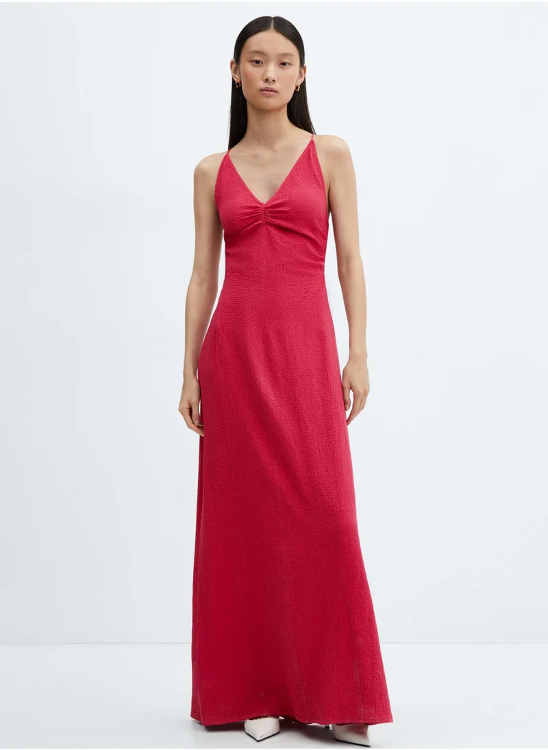MANGO Plunge Neck Ruched Detail Dress