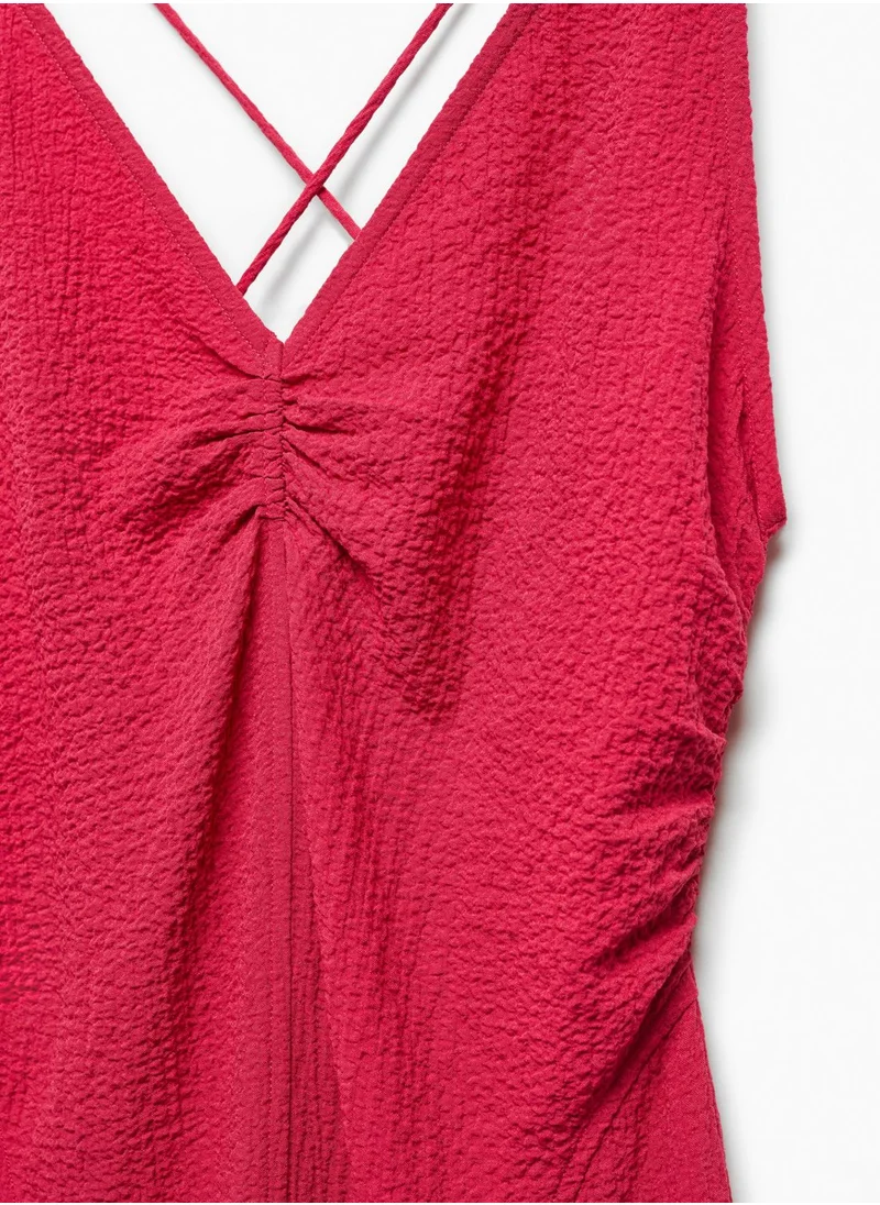 MANGO Plunge Neck Ruched Detail Dress