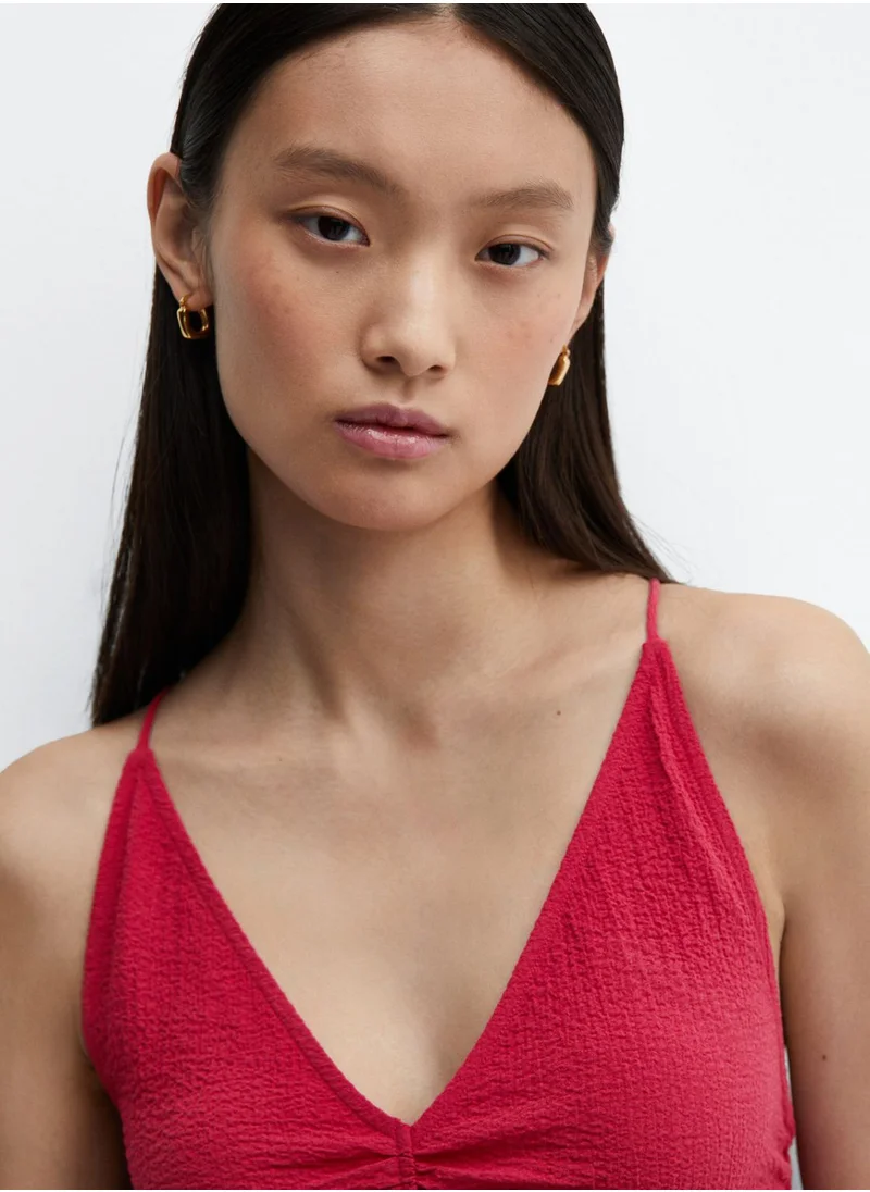 MANGO Plunge Neck Ruched Detail Dress