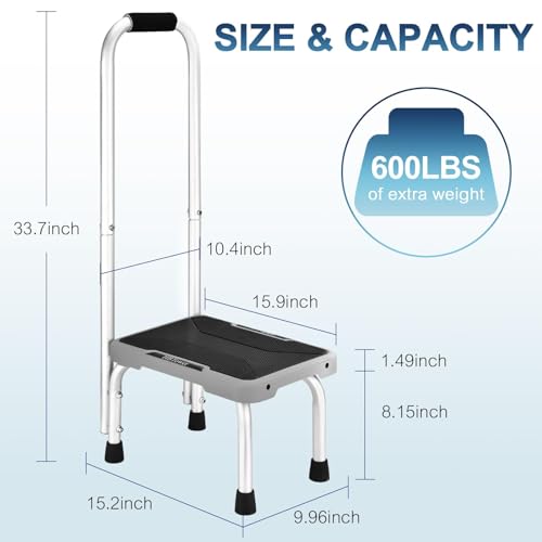 HBTower Aluminum Step Stool with Handle for Elderly, Lightweight Step Stools for Adults Seniors with Non-Slip Rubber Feet, Stepping Stools for Bedroom Kitchen Bathroom, Bed Steps for High Beds - Image 2