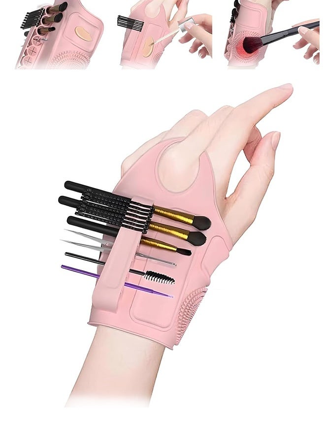 Quantum Makeup Brush Wrist Strap, Foldable Makeup Brush Storage Palett, Silicone Hand Wrist Makeup mixing tray Draw Assistance Tool for Small to Medium Brush (Pink) - Image 1