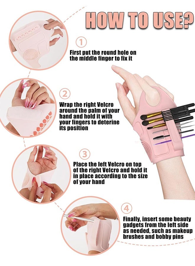 Quantum Makeup Brush Wrist Strap, Foldable Makeup Brush Storage Palett, Silicone Hand Wrist Makeup mixing tray Draw Assistance Tool for Small to Medium Brush (Pink) - Image 3