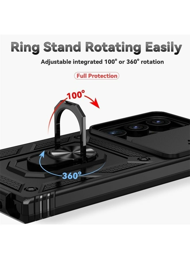 جراب سامسونج جالاكسي إس 25 ألترا، غطاء كاميرا منزلق 6.9 بوصة، حلقة دوارة 360 درجة، مسند، مقاوم للصدمات والسقوط، للاستخدام اليومي في الهواء الطلق، أسود - Image 2