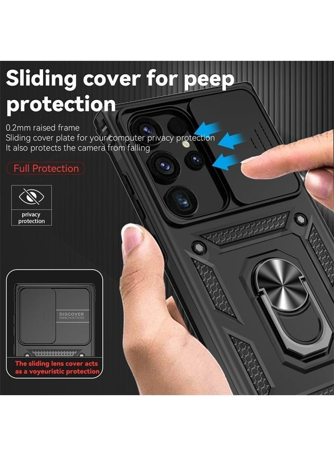 جراب سامسونج جالاكسي إس 25 ألترا، غطاء كاميرا منزلق 6.9 بوصة، حلقة دوارة 360 درجة، مسند، مقاوم للصدمات والسقوط، للاستخدام اليومي في الهواء الطلق، أسود - Image 4