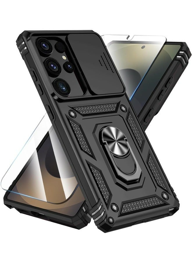 جراب سامسونج جالاكسي إس 25 ألترا، غطاء كاميرا منزلق 6.9 بوصة، حلقة دوارة 360 درجة، مسند، مقاوم للصدمات والسقوط، للاستخدام اليومي في الهواء الطلق، أسود - Image 1