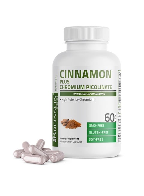 Cinnamon Plus Chromium Picolinate Supplement, High Potency Chromium, Non-GMO, 60 Vegetarian Capsules