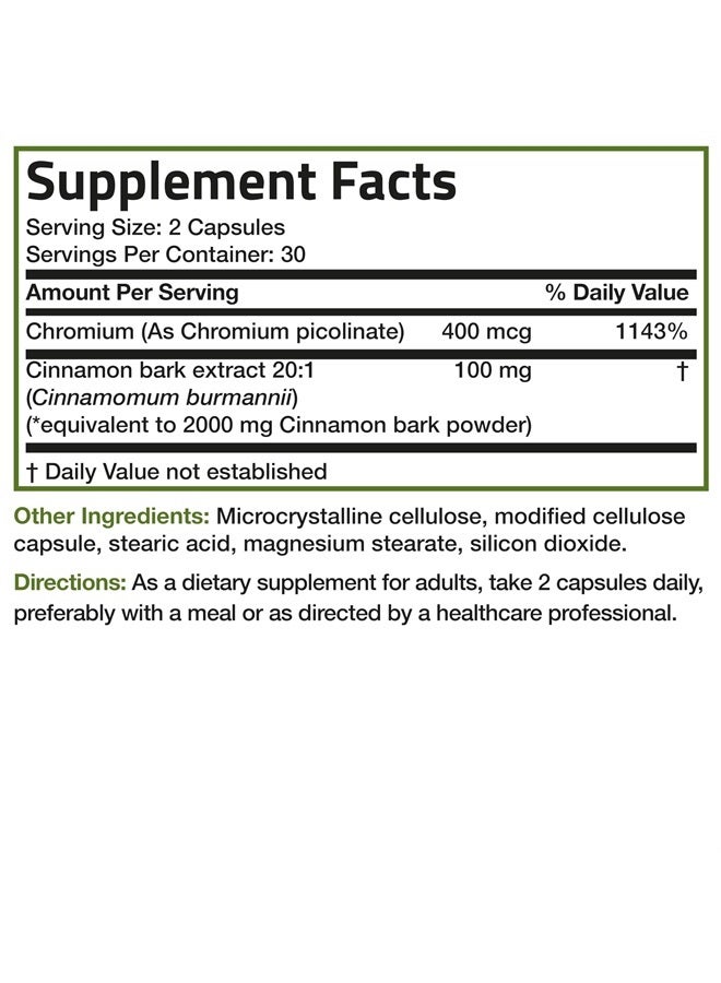 Cinnamon Plus Chromium Picolinate Supplement, High Potency Chromium, Non-GMO, 60 Vegetarian Capsules