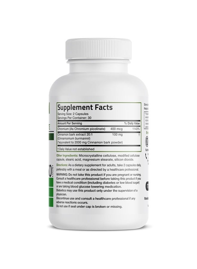 Cinnamon Plus Chromium Picolinate Supplement, High Potency Chromium, Non-GMO, 60 Vegetarian Capsules