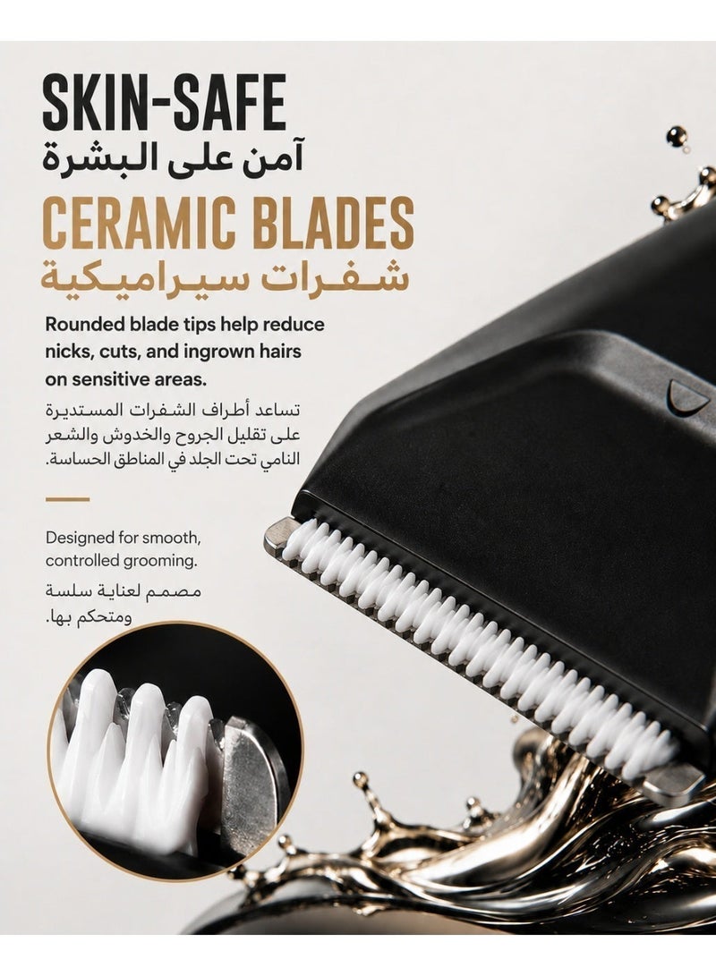 كويك ماكينة تشذيب وحلاقة للجسم مقاومة للماء للجسم ومنطقة العانة - آمنة على البشرة، قابلة لإعادة الشحن عبر منفذ USB-C، شفرات سيراميك ذات رؤوس مستديرة، ضوء LED ومؤشر للبطارية، مجموعة عناية شخصية من 5 قطع - مشبك شعر الجسم للرجال، آمنة للاستخدام أثناء الاستحمام ومناسبة للسفر - Image 5