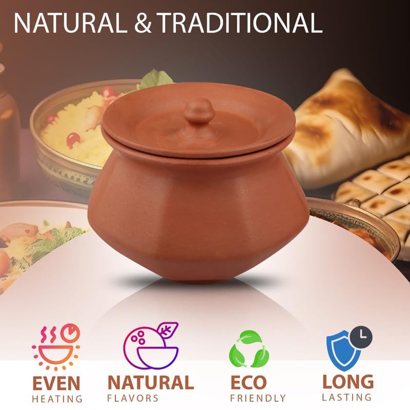 Bhanvi Stylish Clay Curd Pot, Handi Set of 3, 500ml, 1000ml, 1500ml, Brown, Glazed, With Lids, Ideal for Cooking, Biryani, Dahi, Kitchen Decor - Image 5